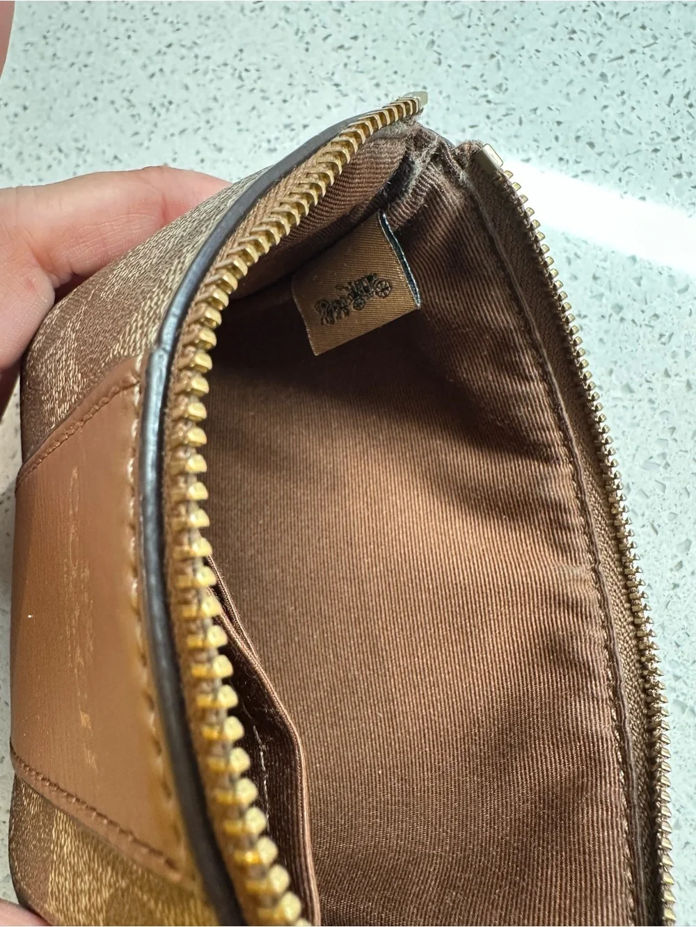 Coach Signature Corner Zip Wristlet F58035 Khaki Saddle Brown